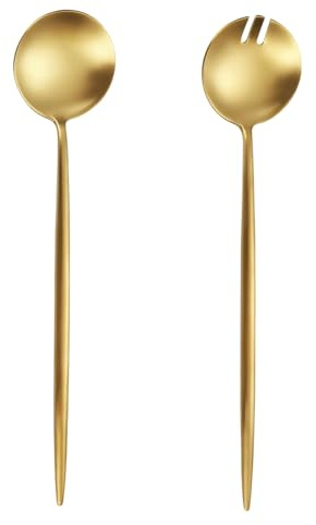 Tressify Set Of 2 Gold Salad Servers, 304 Stainless Steel Serving Spoon & Fork, Long Handle 11.4 In/29 Cm For Home & Restaurant Use