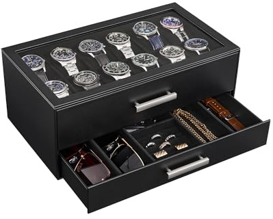 ProCase 12-Slot Watch Box, 2-Tier Pull-Out Drawers Display Case for Men with Clear Top Lid, Watches Jewelry Sunglass Storage Holder Organizer for Husband Dad, Gift Choice for Father's Day -Black