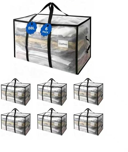 NEWSONA 6 Pezzi Borse Trasloco 88L, Contenitori Pieghevoli Trasparenti in PVC Rinforzato 135 g/m², per Vestiti Piumoni Biancheria, Maniglie Rinforzate, Doppia Cerniera in Metallo