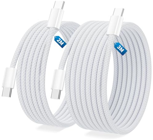 bakibo Cable USB C a USB C (2 Piezas, 2M+3M), Cable USBC Carga Rapida 60W PD 3.0 PPS Nylon Trenzado Cabo Carga Rapida Tipo C Transferencia de Datos Cabo para iPhone 17 Pad MacBook S25 S24, Blanco