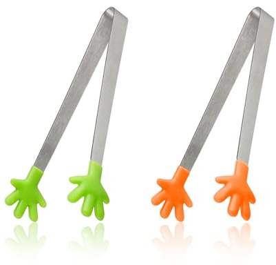 Hopzab 2PCS Mini Food Tongs, Stainless Steel Serving Utensils with Skid-Proof Silicone Tips, Ideal for Ice Cubes, Sugar, Appetisers, Party Kitchen Use, Orange and Green