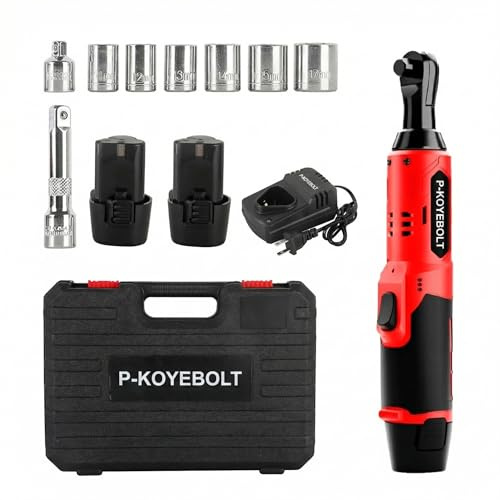 P-Koyebolt Clé à cliquet électrique sans fil 12 V 3/8, 57 Nm, 380 tr/min, 2 batteries, chargeur rapide, LED, 6 douilles et rallonge, cliquet batterie pour réparation auto et bricolage