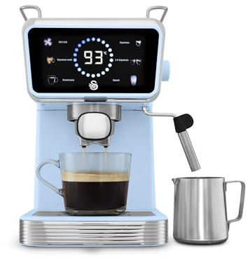 Swan Retro Pump Espresso Coffee Machine, Digital Smart Touch Display, 5 Pre-Sets, 20 Bar Pressure, Milk Frother for Latte and Cappuccino Drinks, 1 & 2-Shot Filters, 1.5 Litre, Blue, SK22113BLU