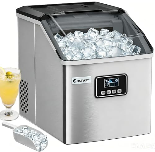 COSTWAY 22kg/24H Ice Maker Machine Countertop, 24 Ice Cubes in 13 Mins | 2L, 24H Timer, Automatic Self-Cleaning, Ice Scoop and Baske, Stainless Steel Ice Cube Maker, for Home Kitchen Office Bar