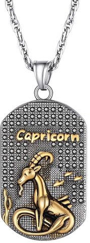 PROSTEEL Collier avec Pendentif Plaque Acier avec Signe Astrologique Capricorne Plaqué Or Serte de Strass