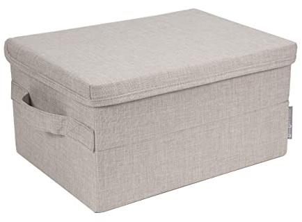 BIGSO kleine Aufbewahrungsbox mit Deckel und Griff – Schrankbox aus Polyester und Karton in Leinenoptik – Faltbox für Kleidung, Accessoires, Spielzeug usw. – beige