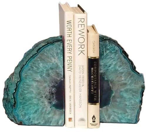 AMOYSTONE Agate Geode Bookends Heavy Duty Stone Book Ends Decorative Bookend Holder Home Office Decor with Rubber Bumpers Teal 1 Pair, 2-3 LBS