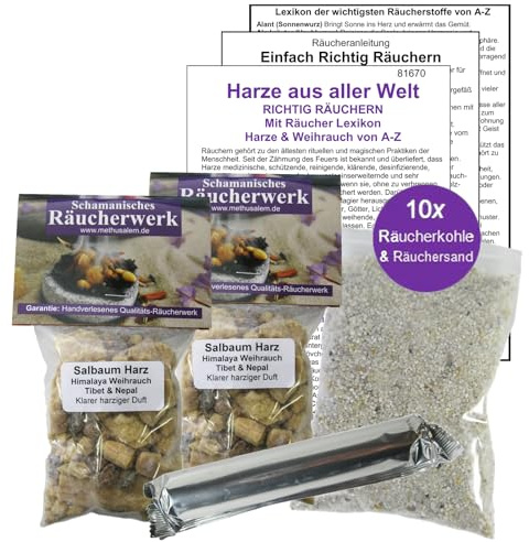 Sal-Harz Salbaum Räucherset 100ml (2X 50ml) – Schamanen-Weihrauch aus dem Himalaya (Tibet & Nepal) – 6-TLG. Reines Räucherwerk Set zum Ausräuchern mit Kohle, Sand & Anleitung. 81670-50