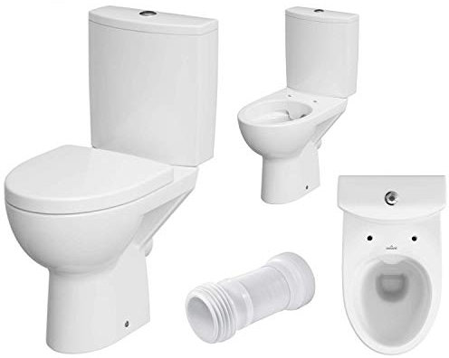 VBChome Supporto per WC senza bordi in ceramica, set completo con cassetta di risciacquo, sedile WC in Duroplast con abbassamento automatico, funzione SoftClose per scarico orizzontale