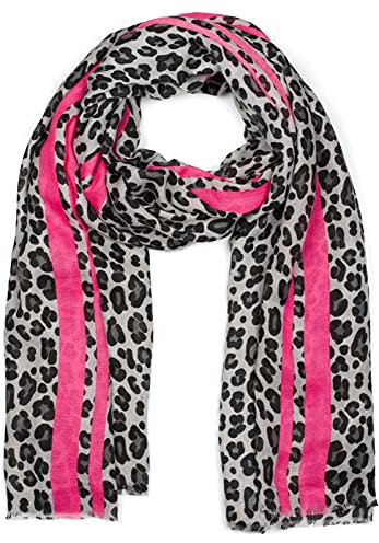 styleBREAKER Damen Schal mit Leo Muster, farbigem Streifen und Fransen, Tuch 01017082, Farbe:Grau-Pink