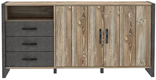 Newroom Sideboard Betonoptik Holzoptik Kommode Wohnzimmer Flur modern | 3 Türen 3 Schubladen mit offenem Fach, schwarze Bügelgriffe, Anrichte Highboard Industrial, für Schlafzimmer und Diele