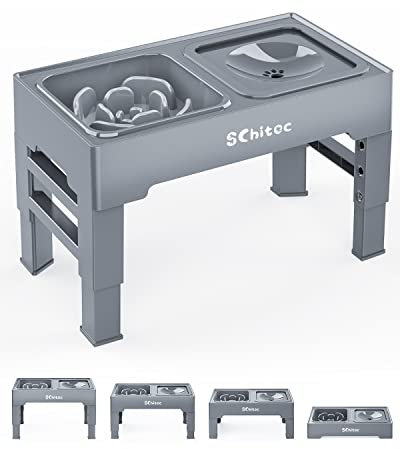 Comedero Platos Elevado Plegable para Perros, 4 Alturas Ajustables con Cuenco de Alimentación Lenta y Cuenco de Agua Flotante, Tazón de Alimentación Bol para Mascotas y de Agua para Perros/Gatos