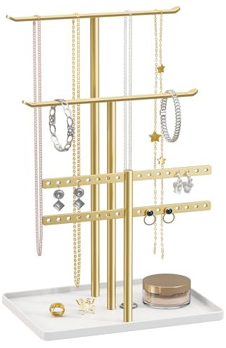 Jewelry Stand Organizer, 32cm Tall Sturdy Metal, 3-Tier Jewelry Holder for Necklace, Earring, Bracelet, Ring, Hanger for Display and Storage, Aesthetic Room Decor, Gold Jewlery Stand with White Tray