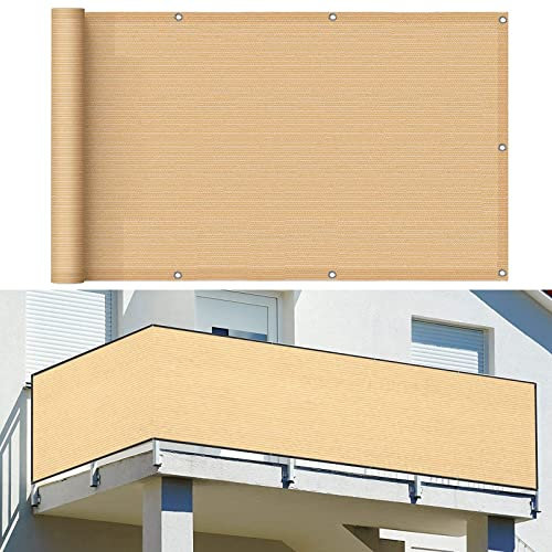 Balkon Sichtschutz Balkonabdeckung 120 x 700 cm Reißfest UV-Schutz atmungsaktiv Sonnenschutz Balkonbespannung mit Ösen und Kabelbinder für Balkon Terrasse Garten, Beige