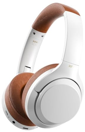 iKF T1 Kabelloser Over Ear Bluetooth Kopfhörer, Leichte Faltbare Kopfhörer Eingebautes HD Mikrofon, 50 Stunden Spielzeit mit 6 EQ-Modi, HiFi-Stereo Duale Verbindungen für iOS/Android(Vintageweiß)