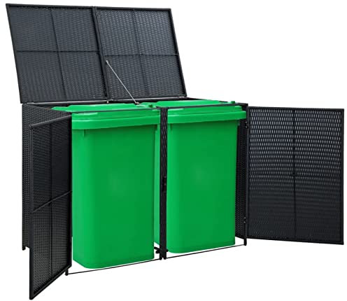 Festnight Black Double Wheelie Bin Shed Poly Rattan Rattan Trash Can Wheelie Bin Storage 148x80x111 cm