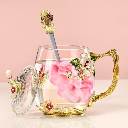 Wisolt Birthday Novelty Gifts for Women Ladies Christmas Presents for Women Flower Glass Tea Cup Gifts for Mother in Law Anniversary Valentines Mothers Day Glass Coffee Cup Mugs with Spoon and Lid