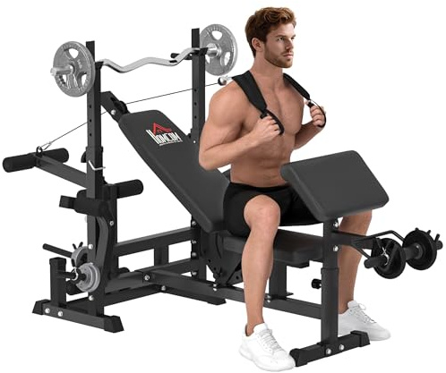 HOMCOM Multifunktion Hantelbank Trainingsbank mit Langhantel-Ablage verstellbar Schrägbank Kraftstation Fitnessstation Stahl Kunstleder 210 x 110 x 103-123 cm