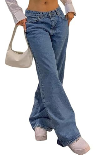 DSXH Jeans Vintage Lâche Bleu Lavé Maman Jeans Taille Basse Femmes Lâche (Bleu, S)