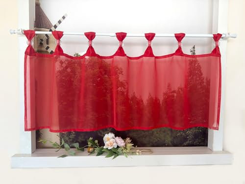 Devola Scheibengardine Einfarbig Bistrogardine Voile Kurzgardine Transparent Küchengardinen Modern mit Schlaufen Cafe Gardinen Kurzstores Gardinen HxB 60x120cm Rot 1 Stück