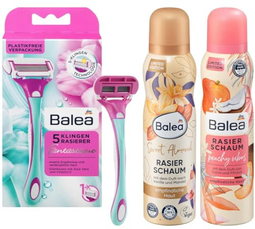 Balea 3er-Set Nassrasur: 5-Klingen-Rasierer Fantastique + Rasierschaum Sweet Almond mit Duft nach Vanille & Mandeln (150 ml) + Rasierschaum Melon Love mit Duft nach Melone & Kokos (150 ml), 300 ml