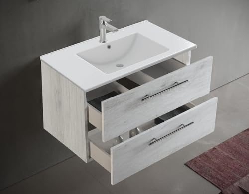 Mama Store IRIS 80 - Mobile Bagno Sospeso IN KIT DA MONTARE 80 CM QUERCIA BIANCO con Lavabo, Specchio e Lampada LED, L.81 X P.47 X H.53 cm