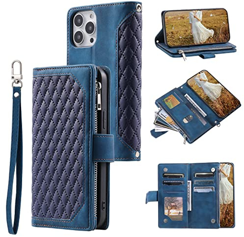 QLTYPRI Wallet Case for iPhone 15 Pro Max(6.7 inch),Luxury Quilted PU Leather Wallet Case with Card Slots for Women,Magnetic Zipper Purse Case with Wrist Strap Kickstand Shockproof Flip Cover - Blue