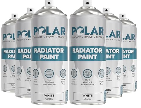 Polar Radiator Spray Paint, 3-in-1, 6 x 400ml, White, Gloss Finish | 3-in-1 Heat Resistant Radiator Paint, Primer, Undercoat and Topcoat, Up to 170 Degrees, Hot Pipes, Towel Rails