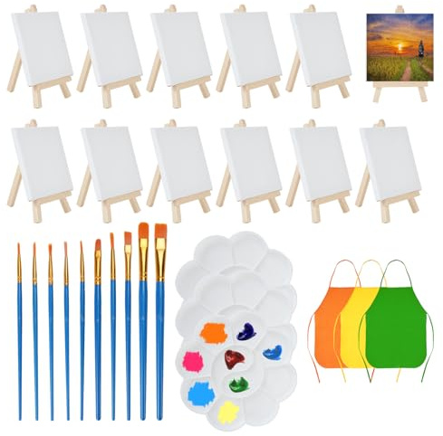 RETON 40 teiliges Mini Staffelei und Leinwand Set, 12 kleine Staffelei mit 12 Mini Leinwänden, 10 Pinsel, 3 Farbpaletten und 3 Kinder Malschürzen, Mini-Leinwand und staffelei holz kit für Zeichnung