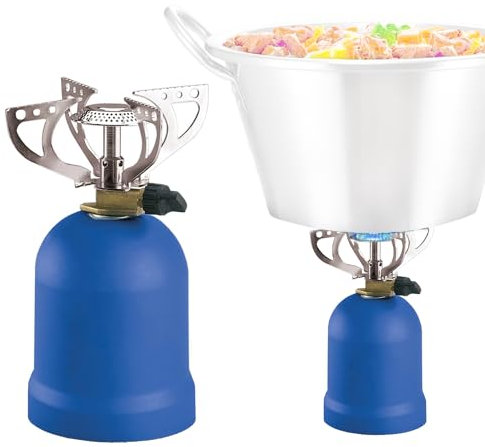 Avilia Hornillo de gas portátil con 4 soportes – Práctico y ligero hornillo de camping con GLP, con encendido tradicional, ideal para cocina al aire libre y viajes, 12 x 12 x 22 cm