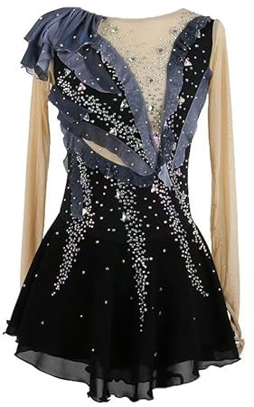 JRUIA Professionelles Eiskunstlauf Wettkampf Kleid Für Mädchen Verlaufsfarbe Handgefertigte Eislaufbekleidung Für Damen Turnleistungsbekleidung Mit Strass,Schwarz,7_10Years