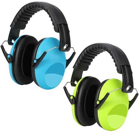 Kriogor Ear Defenders Children 2 Pack, 26dB SNR Soft Kids Ear Defenders, Noise Cancelling Headphones, Hearing Protection Earmuffs Adjustable Ear Protector for Boys Autism Flights Study (Green & Blue)