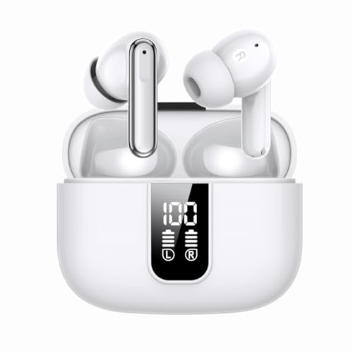 Trådlösa Bluetooth-öronsnäckor 20H Speltid Hi-Fi - Brusreducering/Transparentläge Stereo - LED-Strömvisning Laddningsfodral IPX7 Vattentät Mic Headset Kompatibelt med iPhone/Android (Vit)
