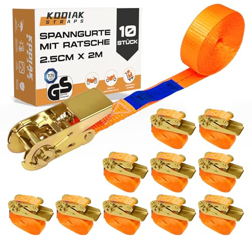 10 Lots de Sangles à Cliquet 2m x 1000kg - Sangles d'Arrimage 25mm avec Boucle à Cliquet - Sangle Orange pour Bagages et Transport - Certifié TÜV/GS DIN en 12195-2 - KODIAK STRAPS