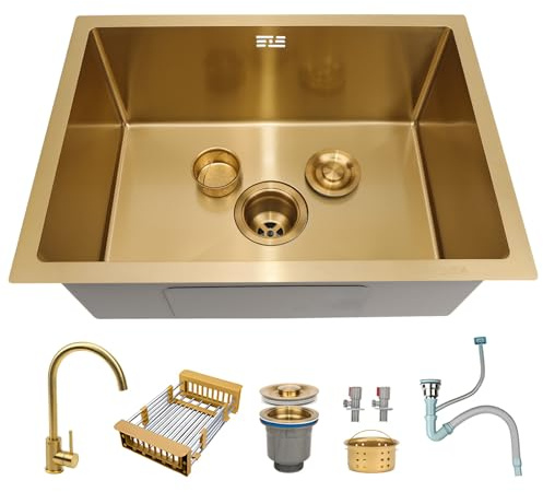 ATHOMASM Fregadero de Cocina 60x40cm Cuadrado de Acero Inoxidable con Grifo Dorado, Apto para Instalación Bajo Encimera, Enrasado o Sobre Encimera