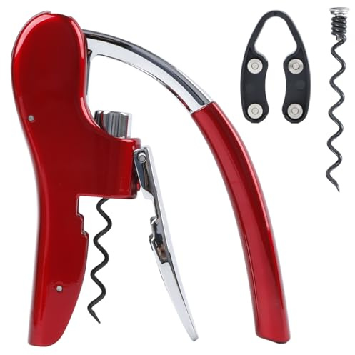 KAYCROWN Stainless Steel Wine Bottle Opener, Compact Vertical Lever Corkscrew with Foil Cutter and Extra Spiral, Manual Handheld Corkscrew with Ergonomic Lever Pump (Red)