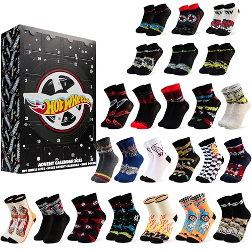 Get Trend Hot Wheels Socks Advent Calendar 2025 for Boys UK 9-13, 24 Pairs of Casual & Sports Socks, Christmas Countdown, Gamer Gifts for Him (Black Hot Wheels)