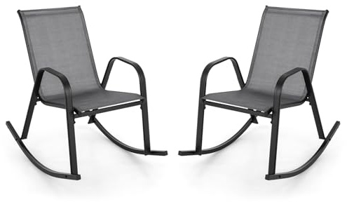 GIANTEX 2er Set Schaukelstühle, wetterfeste Gartenstühle mit Armlehnen, Outdoor Stühle belastbar bis 150kg, Schwingstuhl für Garten, Balkon & Terrasse (Grau)