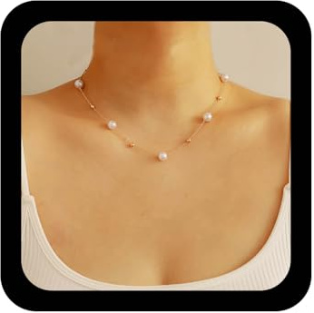 Xmsrn Vintage Pearl Choker Necklace Boho Pearl Station Choker Necklace Floating Pearl Chain Necklace Station Pearl Necklace Large Pearl Chain Necklace Wedding Pearl Necklace for Women