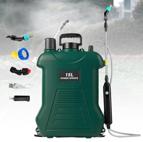 Akku Drucksprüher 15 Liter,Elektrischer Pflanzensprüher mit 3 Nebeldüsen,Stärker Elektrischer Drucksprüher für Gartenspritze,Verstellbare Schultergurt, Unkrautspritze & Wassersprüher (Grün)