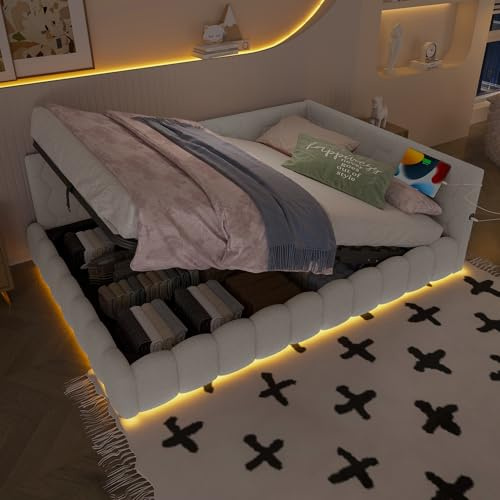 Daybett, 140x200cm Tagesbett, Schlafsofa, Bett mit Lattenrost (ohne Matratze), mit LED-Lichtleiste, mit hydraulischem Hebemechanismus, USB-Anschluss, Typ-C, Komfortmaterial, Vliesimitat, Weiß