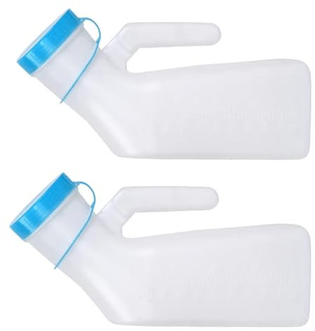 2 Pack Male Urinal Bottle with Glow in The Dark Lid, 32oz/1000mL Plastic Mens Bedpan Bottle with Spill Proof Screw Cap for Travel & Urine Collection, Measuring Scale | Easy Grip Handle (Blue)