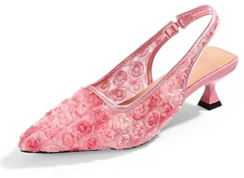 Elegant Lace Kitten Heels for Women - Slingback Pointed Toe Floral Mesh Dress Shoes - Low Heel Formal Wedding Guest Party Sandals