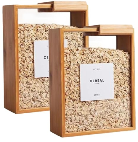 Hbbgdiy 2PCS Bamboo Cereal Dispenser 9.1x6.8x3.2 Inch with Removable Lid, Clear Plastic Grain and Flour Storage Container for Kitchen Pantry Organization