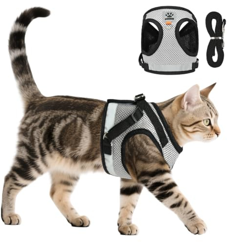 AUYAO Pettorina per Gatti– Set Antifuga Regolabile e Traspirante per Gatti Piccoli/Medi, Design Riflettente per Passeggiate Notturne, Comfortevole e Sicuro (Grigio-Nero, M)