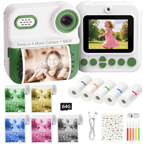 Kids Instant Print Camera – 5 Mono Colour & B&W Printing, No Ink Thermal Technology, 64GB Included, 48MP Dual Lens, 1080P HD, Creative Gift for Girls & Boys Age 3–12 (Green)