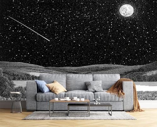 Wallpaper - Wall Mural 200X140Cm / 79X55 - Starry Sky Mountains Print Silk Wall Mural Decoration Poster Picture Design - Hand Drawn Landscape - Black And White Photo Wallpapers For Living Room