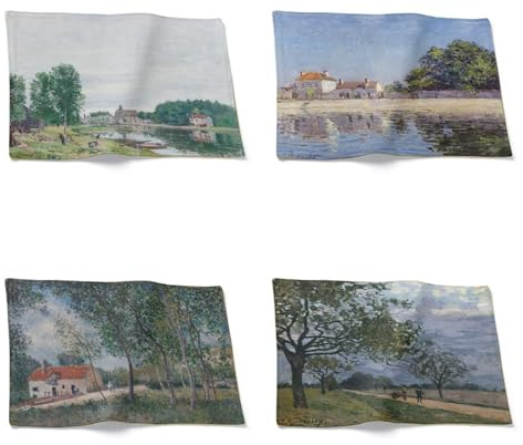 CEVAN Linen Placemat and Coaster Work Table Oil Painting Art Landscape Set of 4, Quilted Splash Cover Scandinavian Design for Farmhouse Setting, 21x32cm