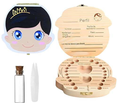 GeekerChip Caja Dientes de Leche Niña en Español,Cajita Madera Guardar Dientes,Caja de Dientes de Madera para Niños,Pinzas, Botecito,Regalo Niña 5 6 7 8 9 Años
