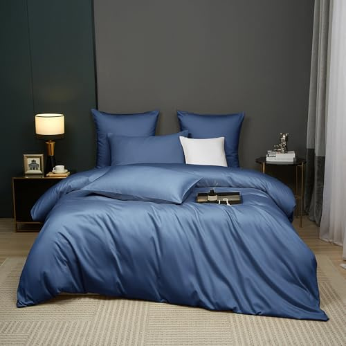 Luowei Mako Satin Bettwäsche 135x200 cm Baumwolle, 2‑teilig, Blau | 100% Baumwolle Seidig WeichBettwäsche-Set, Atmungsaktiv Luxuriös und Kühlend mit Reißverschluss und Kissenbezug 80x80